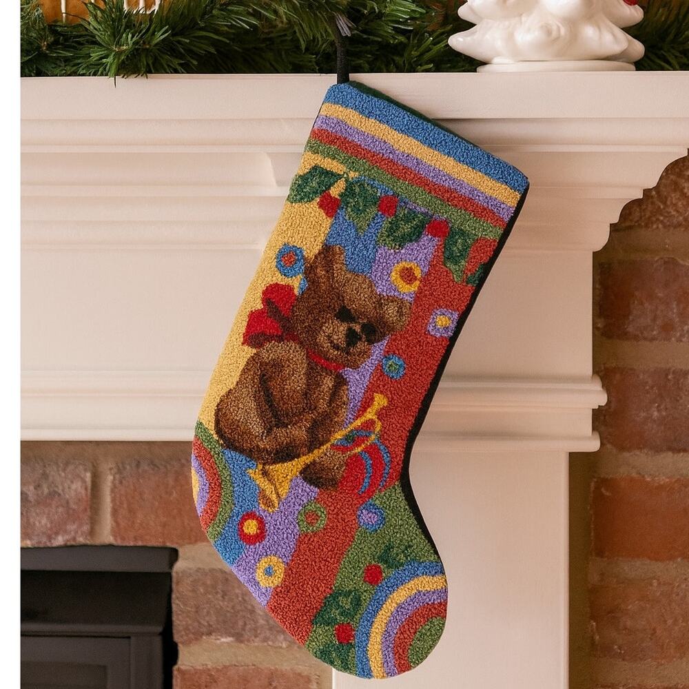 Wool Punch Needle Christmas Stocking Teddy Bear-Horn-Baby Vintage